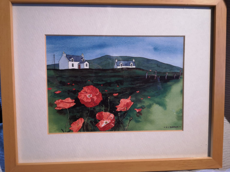 A. J. Barber artist .Framed Landscape Print With Poppies .