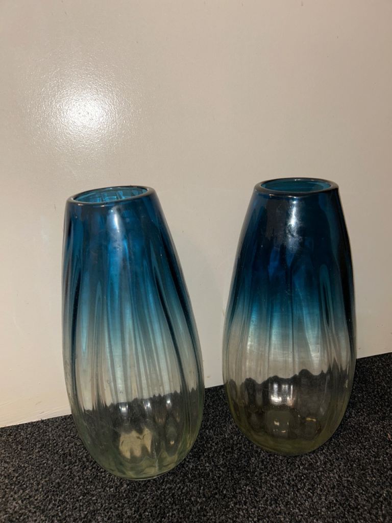 Large blue and clear vases. Don’t come with plants but are cleaned and disinfected