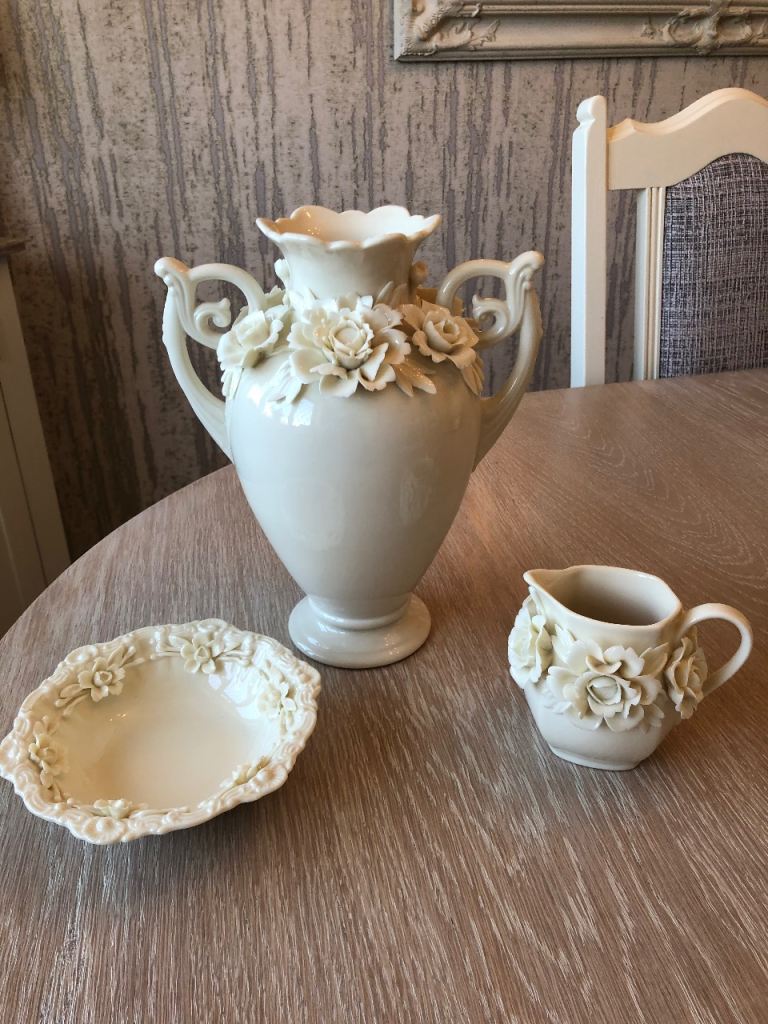 Porcelain Rose Vase, Dish & Milk Jug