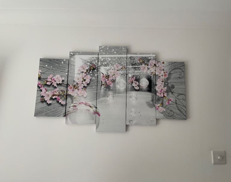 CANVAS  ABSTRACT WALL ART PINK & GREY 5 PIECE CHERRY BLOSSOM 