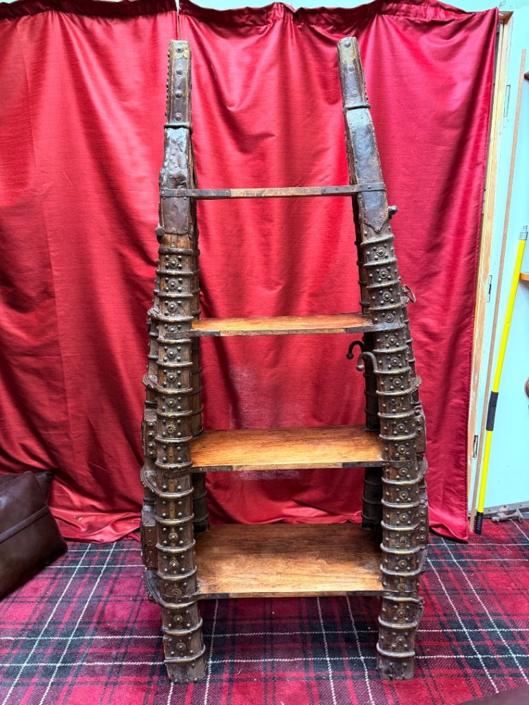 Rare c.1900 Indian Teak & Metal Open Bookcase / Display Shelving Unit