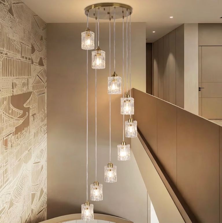 FRIXCHUR High Ceiling Long 9-Light Black Pendant Chandelier Modern Crystal gold