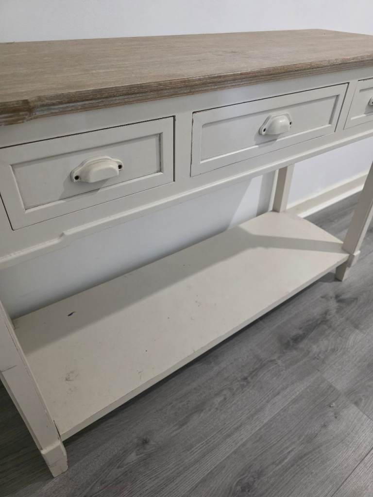 White Console Table with 3 Drawers and Shelf – Good Condition