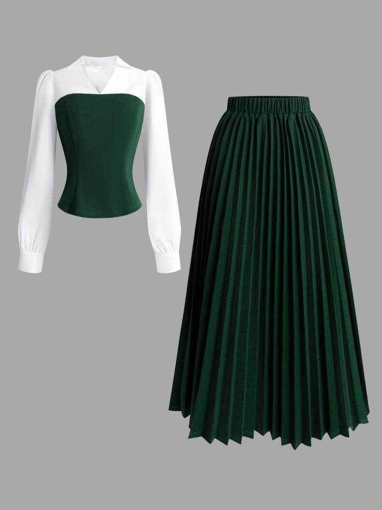 image for Two Tone Long Sleeve Top and Pleated Skirt Set