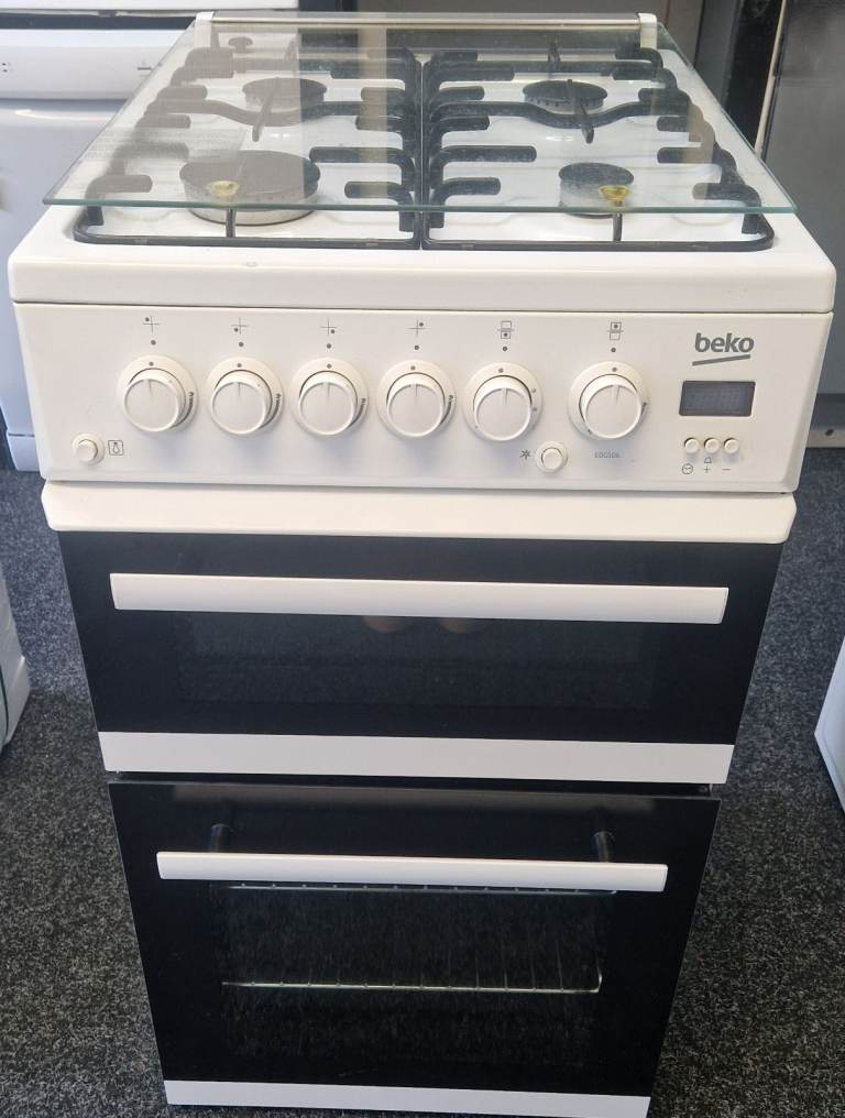 image for Beko White 50cm Gas Twin Cavity Cooker + FREE Local Delivery* + 3 Month Guarantee