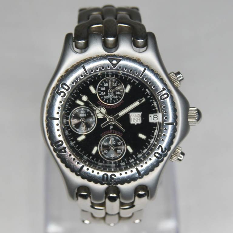 Elgin USA Black Face FK-667-F Quartz Chronograph Date Stainless Steel Wristwatch