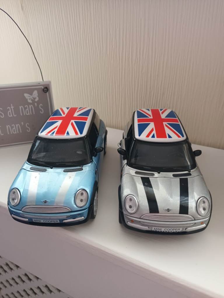 Pair of Mini Cooper Toy Cars with Union Jack Roofs