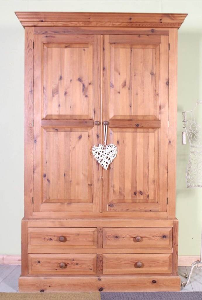 UK Delivery - Second-Hand Cottage Waxed Pine Farmhouse Wardrobe With 4 Drawers Waxed