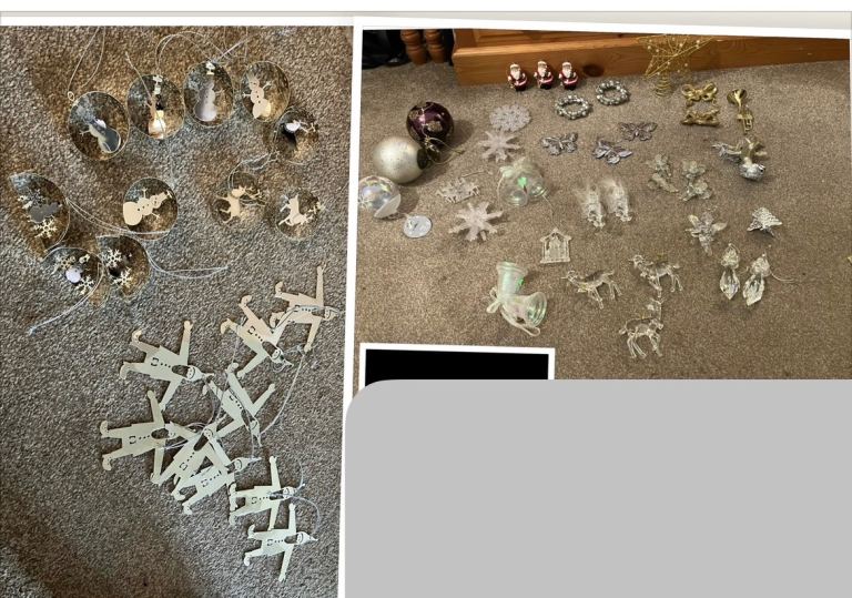 Mixed Christmas Decorations - Clear & White Plastic, Good Condition