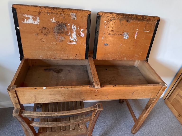 Vintage Wooden School Desk with Storage – Fair Condition