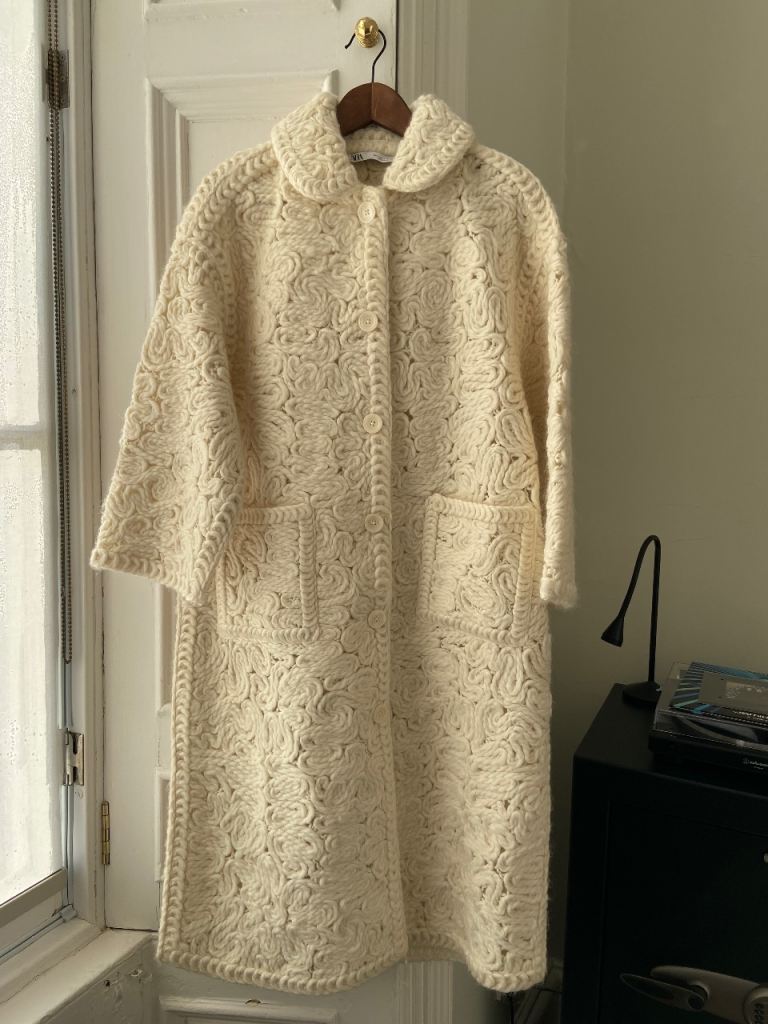 Zara cream ecru wool blend Chrochet knitted coat Size S EUC 