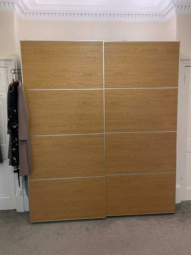  IKEA PAX Wardrobe (2x MEHAMN sliding doors) Black frame + oak-effect doors: £250 (RRP ~£660)