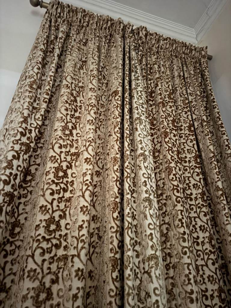 Gold floral pattern soft velvet/chenille curtains, 1 pair, 328cm /129" drop ONO