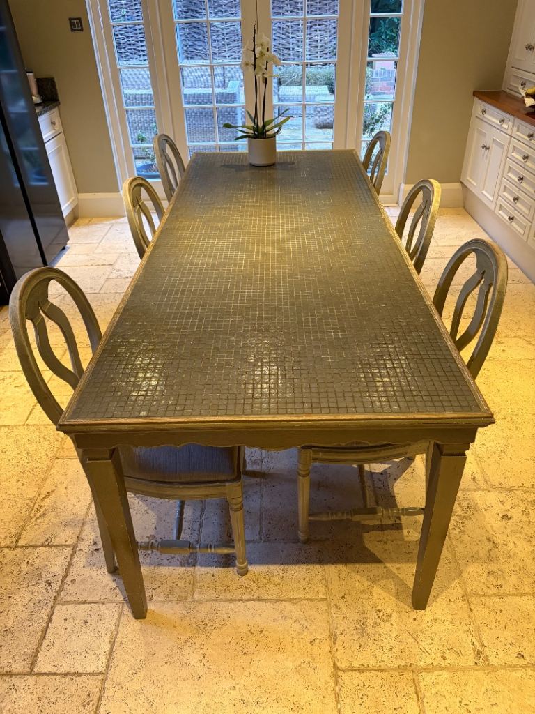 Grey wood & tile table plus 6 chairs