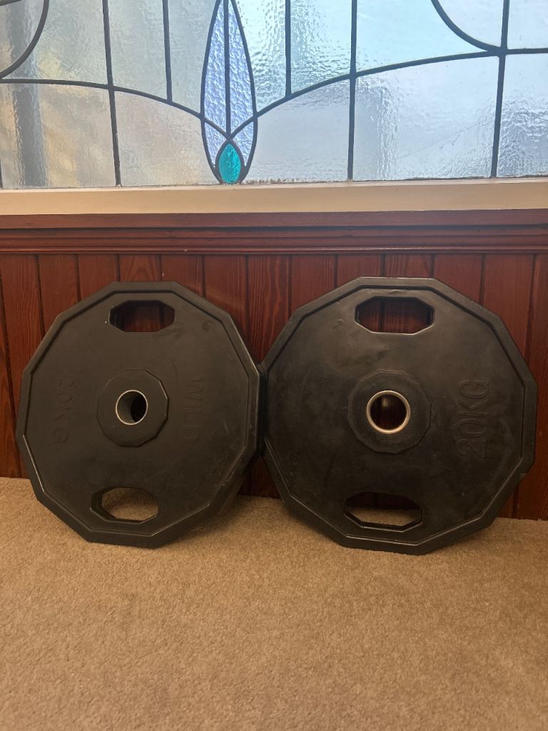 Two 20kg Olympic hex weight plates.