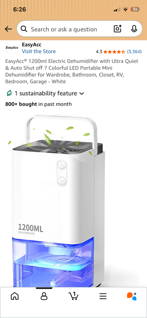 EasyAcc® 1200ml Electric Mini Portable Dehumidifier with Ultra Quiet & Auto Shut off
