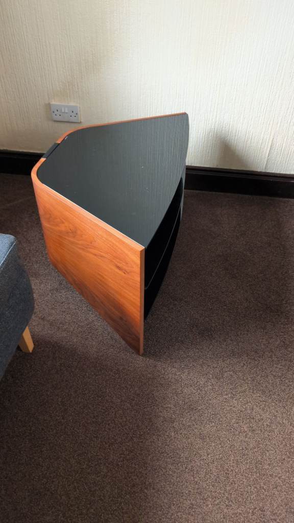 Corner black glass and teak tv unit