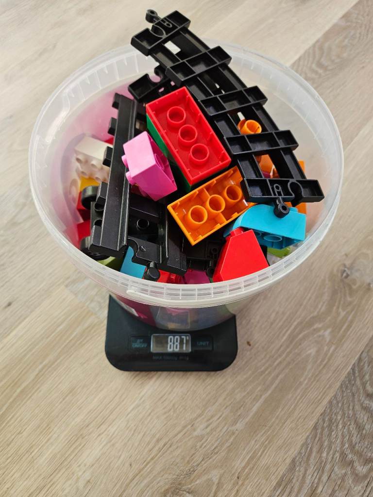 Large Bucket of LEGO DUPLO Bricks and Train Tracks