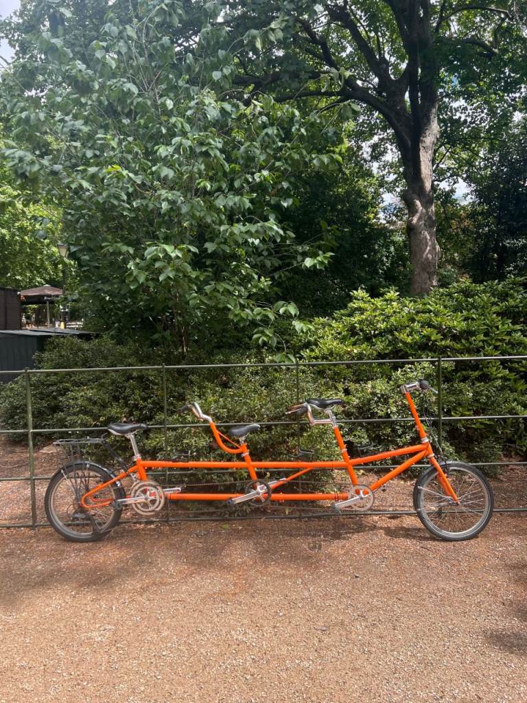 Family Bike. Bike Friday "triple" - it's one bigger than a tandem bike. One bike for three people.