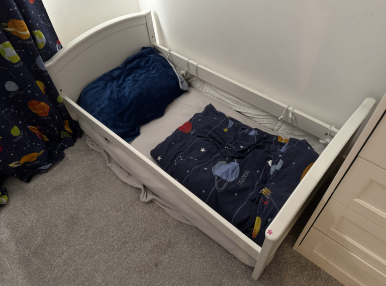 Toddler Bed Frame with Mattress – White, Good Condition - Pickup Only.