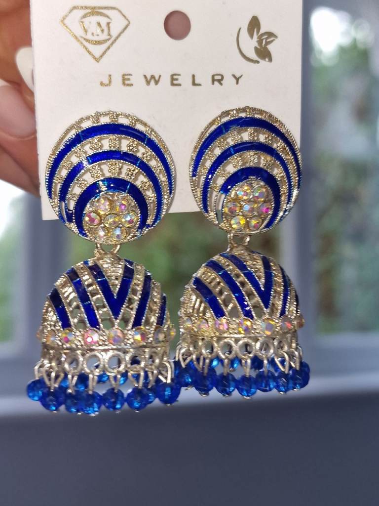 Stunning Blue and Silver Jhumka Earrings – New with Tags