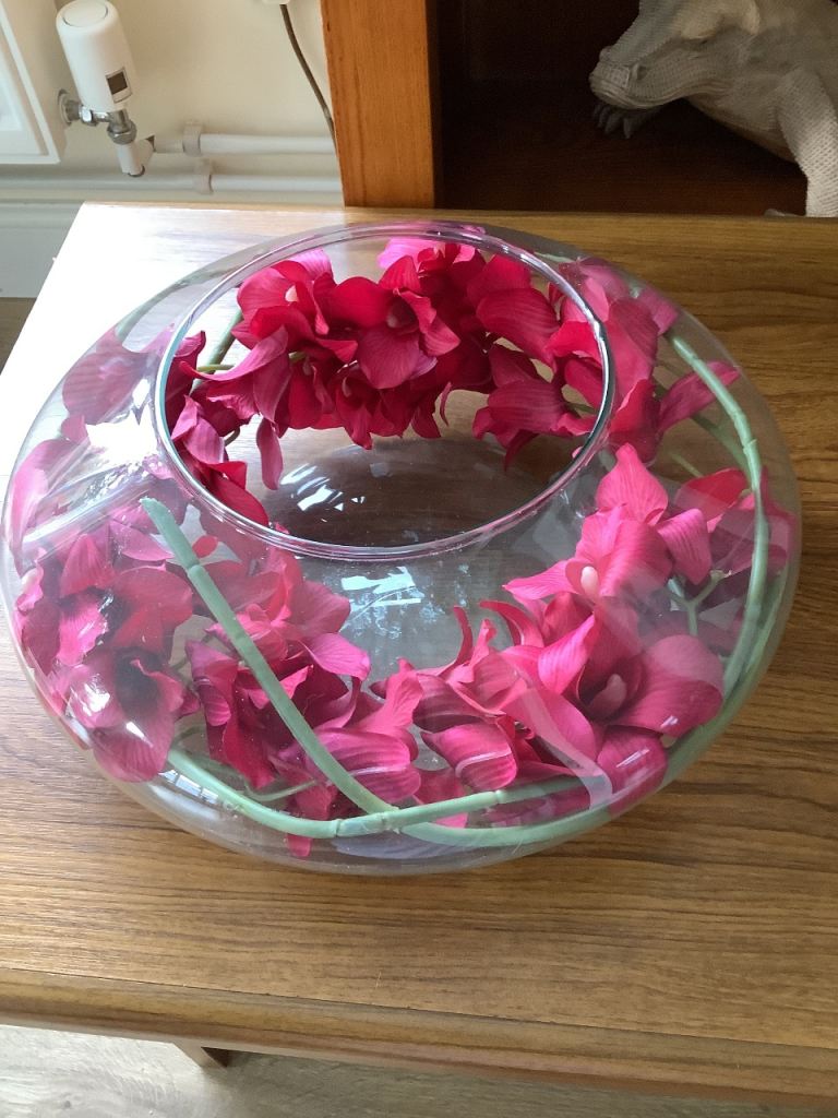 Large Glass Vase Bowl with burgundy/dark pink Artificial Flowers
