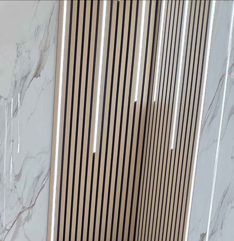 Acoustic Wall Panels with Integrated LED – Beige Wood & Marble Effect