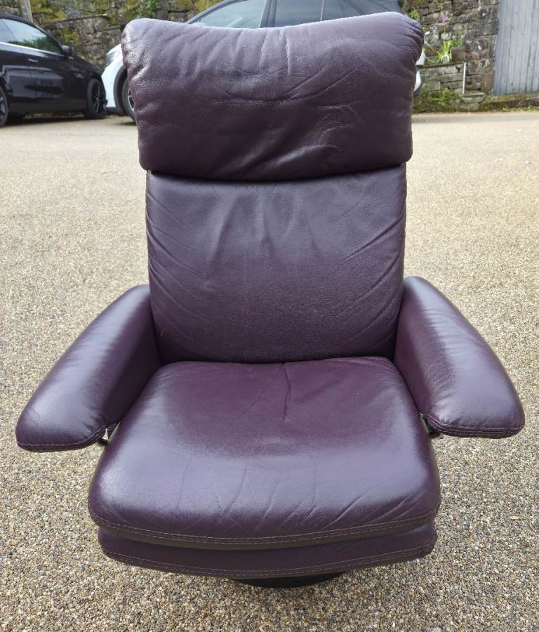 Contempo Burgundy Leather Recliner Swivel Armchair and foot rest– Good Condition