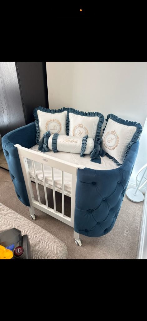 Stylish Blue Velvet Baby Cot Bed with Cushions – Like New