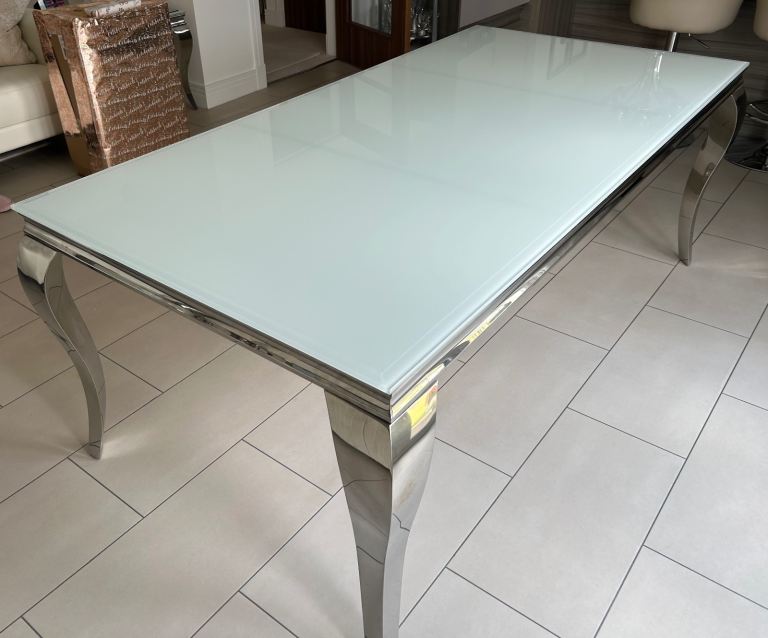 Modern Glass Top Dining Table – Silver Legs, Good Condition