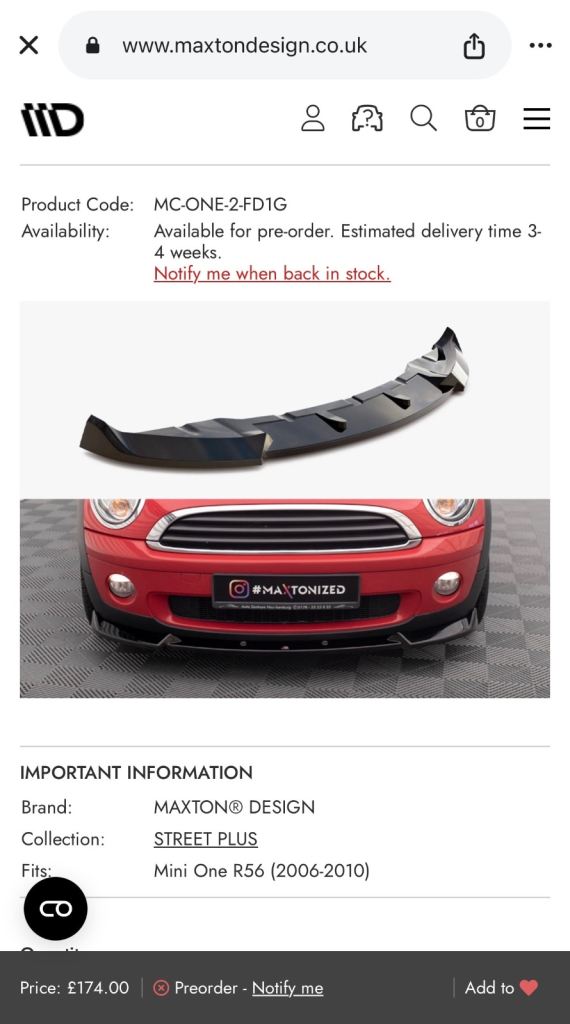 Maxton Designs Front Splitter/Valance for mini one/Cooper/Cooper D