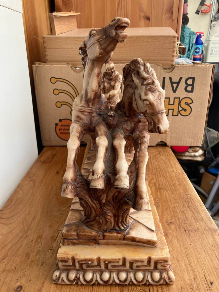 SIGNED LORENZO TONY ROMAN CHARIOT ALABASTER COMPOSITE STATUE