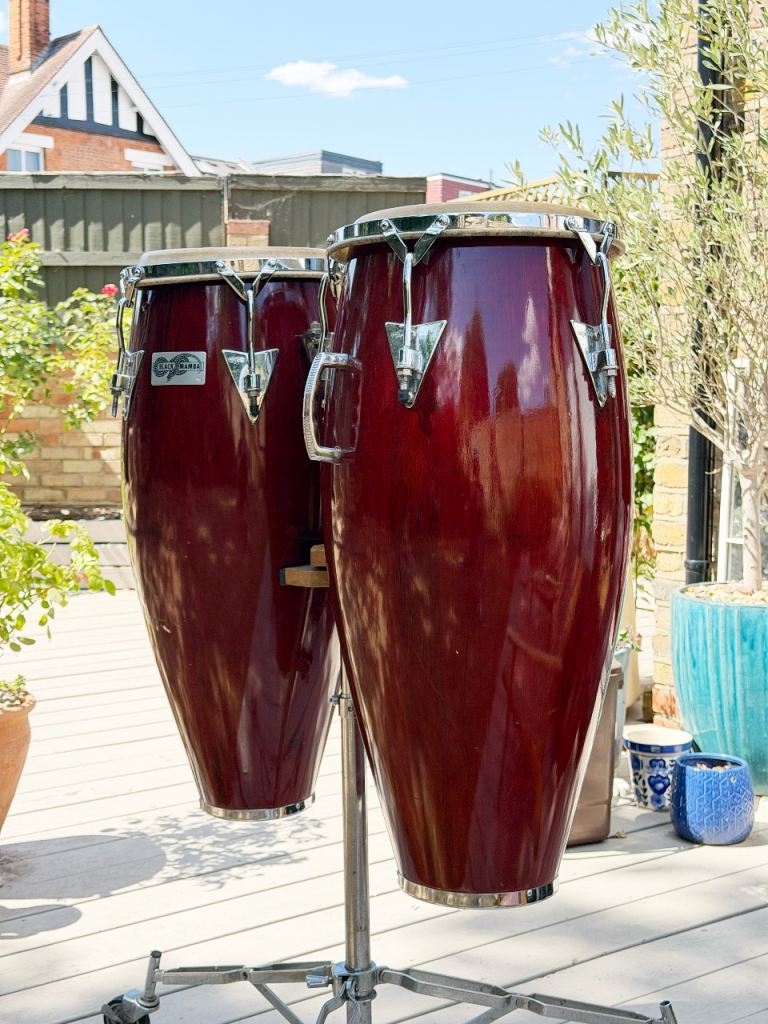 Wooden Conga Drums, stand and cases