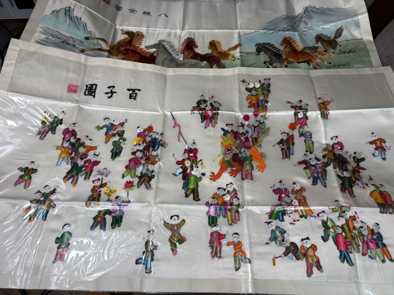 2 x Handwoven Silk Chinese Embroidery 100 Happy Children and 8 Horse Brand New