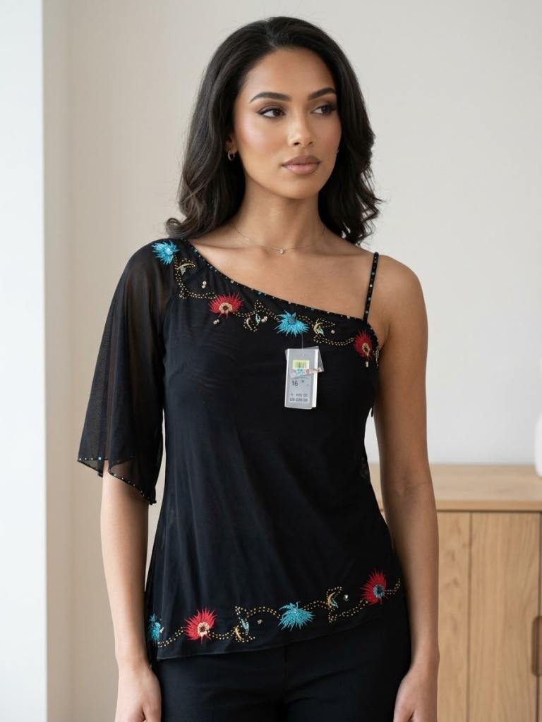 Rive Island New Black Embellished Mesh Top - Size 16