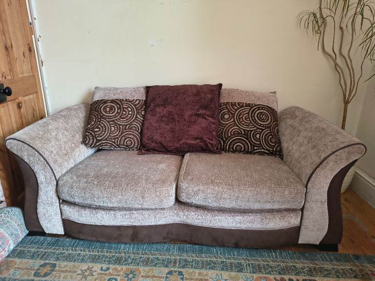 Two-Seater Sofa in Brown and Beige Fabric