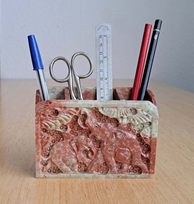 Hand-Carved Stone Pen Holder – Elephant Nature Scene