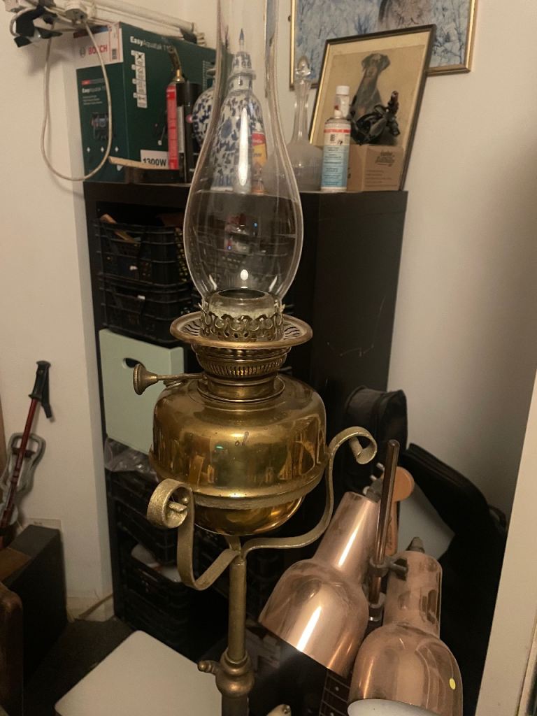 Antique Wrought Iron, Copper and Brass Lamp Stand and Converted Austro-Hungarian Centre-draft Lamp