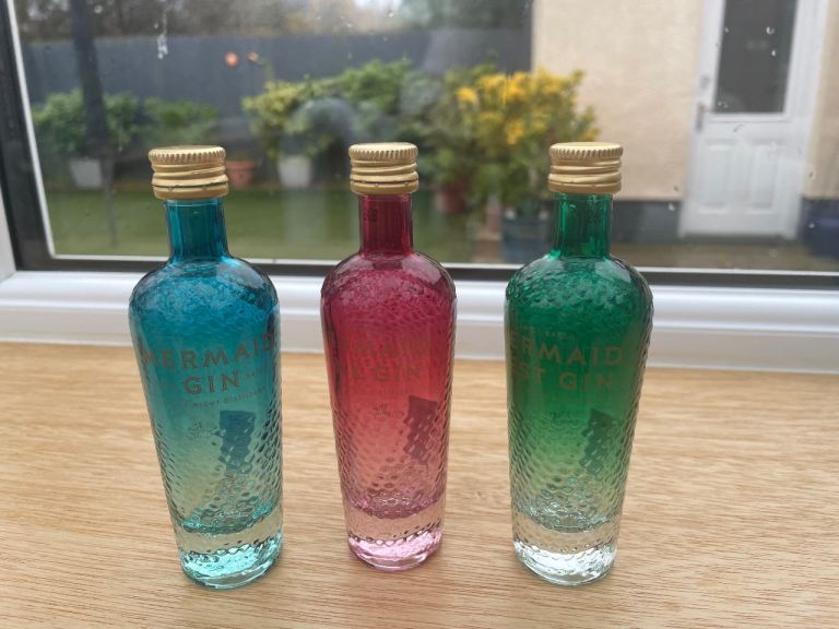 3 X Empty  mini Mermaid zest gin bottles, blue, pink and green