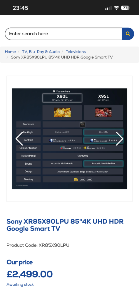 Sony XR85X90LPU 85-inch 4K HDR Full Array LED TV Ultra HD Smart Like New Retail £2499 Bargain