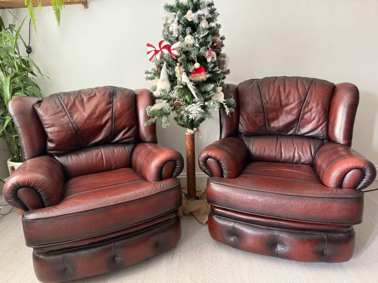 Pair Saxon Kendal Chesterfield Style Leather Vintage Armchairs