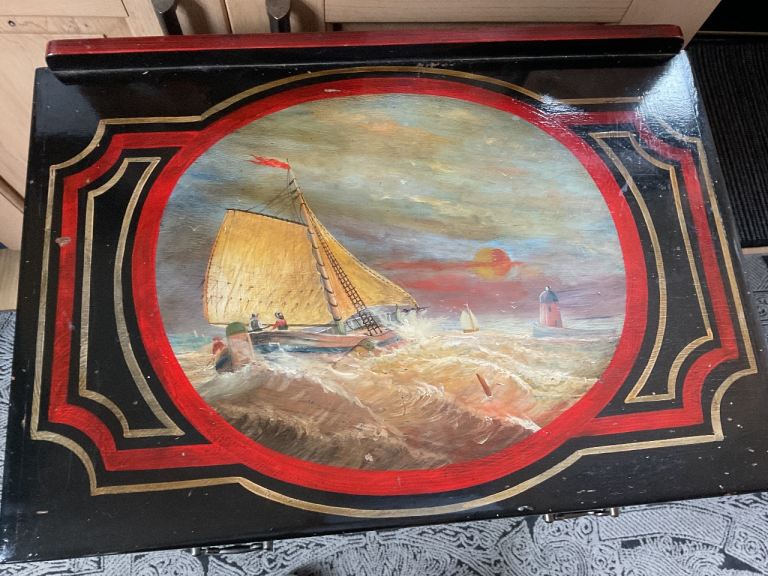 Antique Nautical Painted Victorian Pine 4 Drawer Chest, Ship