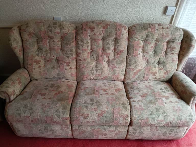 Three piece suite, sofa, settee fire retardant good condition.