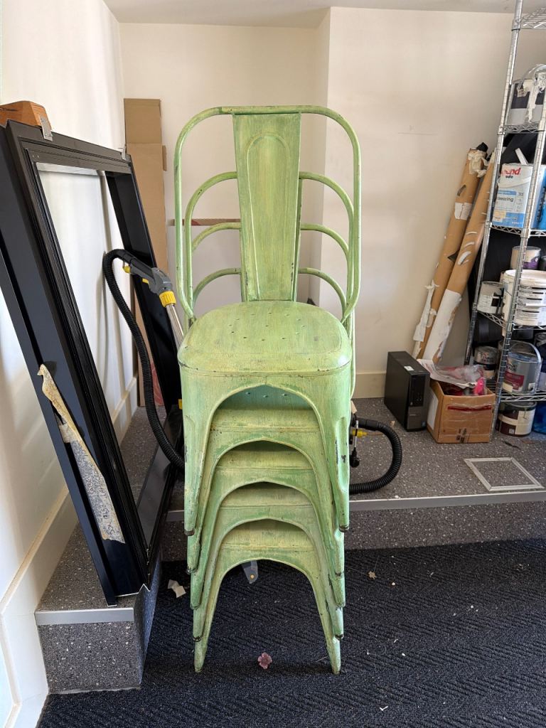 Stackable Metal Chairs x 5 -  Distressed Green Finish