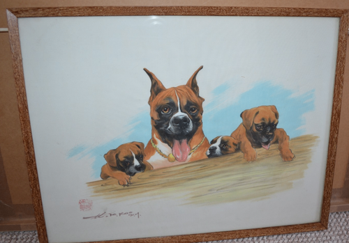 boxer PITBULL + PUPS ORIGINAL PAINTING Chinese stamped signed DOG