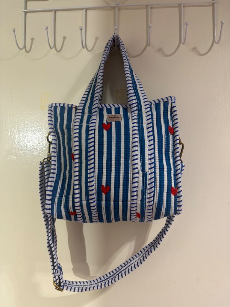 Love Heart Stripe Hand block print cotton mini Tote strap crossbody bag Hippy boho festival 8.5 × 10