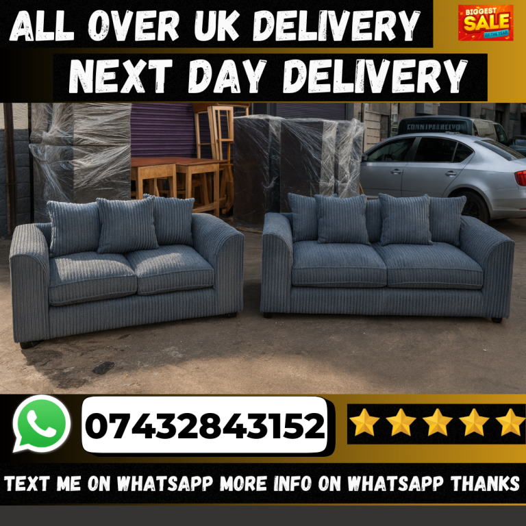Brand New Grey Corduroy 3+2-Seater Sofas – Set 