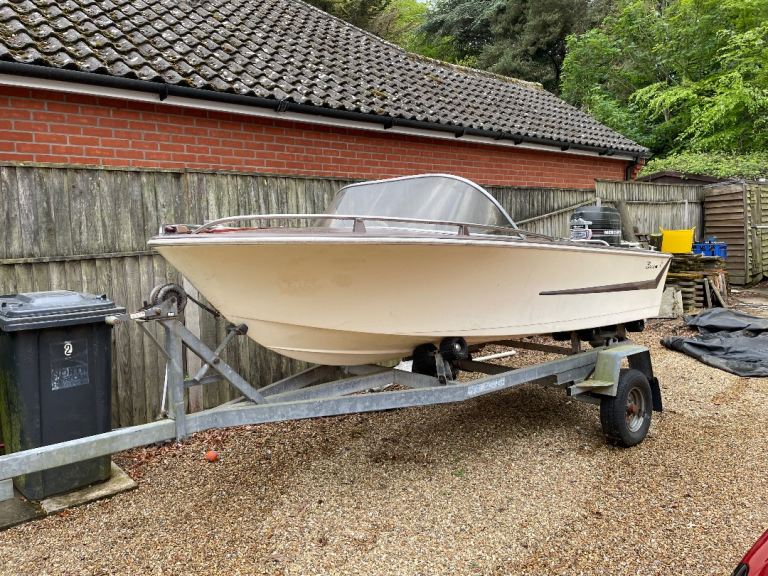 Broom Boat 12ftx6”/4ft6” on Armitage Breakback Galvanized Trailer with a 50hp Mercury engine 