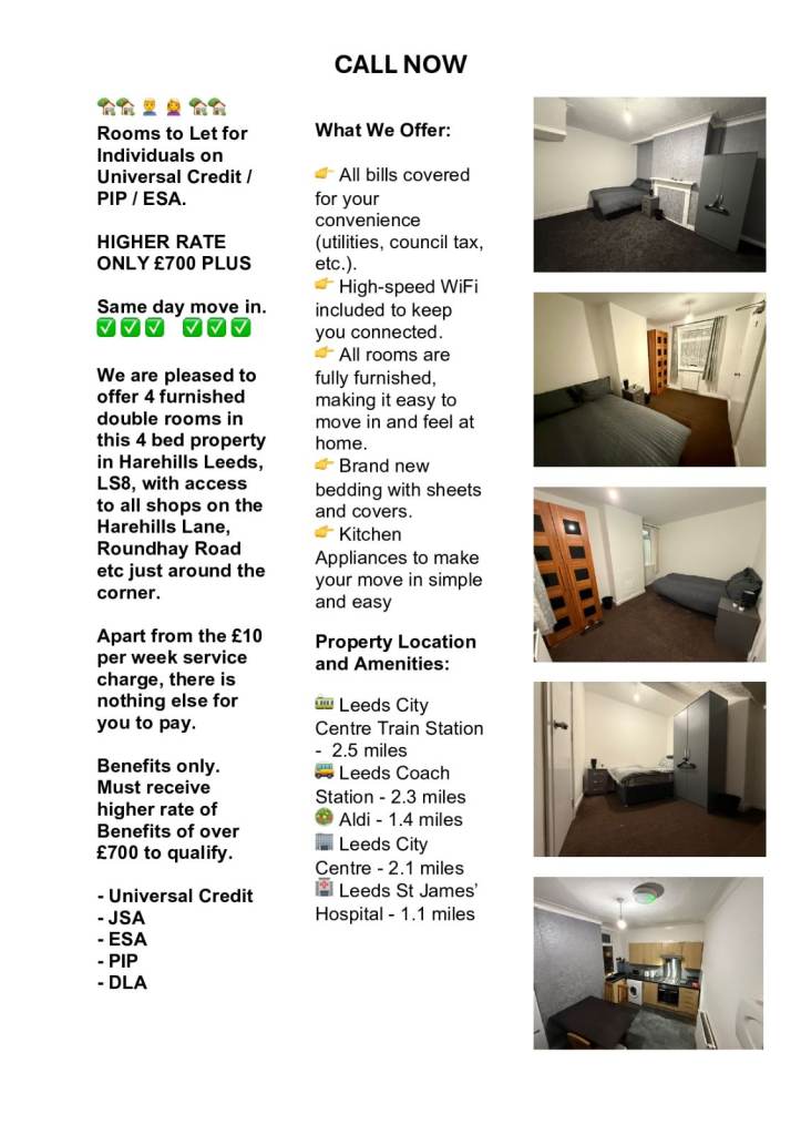 Rooms to Let for Individuals on Universal Credit / PIP / ESA.