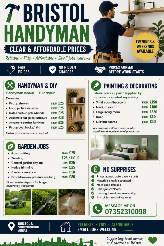 🔨 BRISTOL HANDYMAN – CLEAR & AFFORDABLE PRICES 🎨🌿